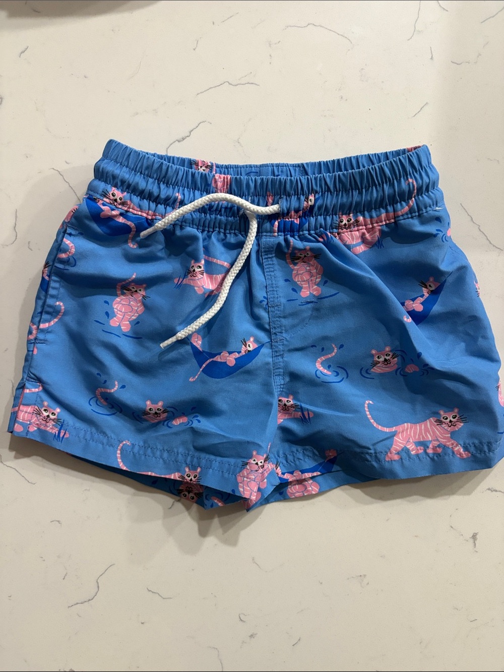 The Beaufort Bonnet Company Blue Swim Trunks with Pink Cat Print
